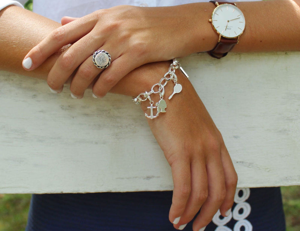 Ships Wheel Anchor Charm Bangle Bracelet Sterling Silver Plate USA Made |  SamandNan.com | Expandable Charm Bangle Bracelets | Made in America