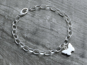 Personalized butterfly charm bracelet in sterling silver with clasp