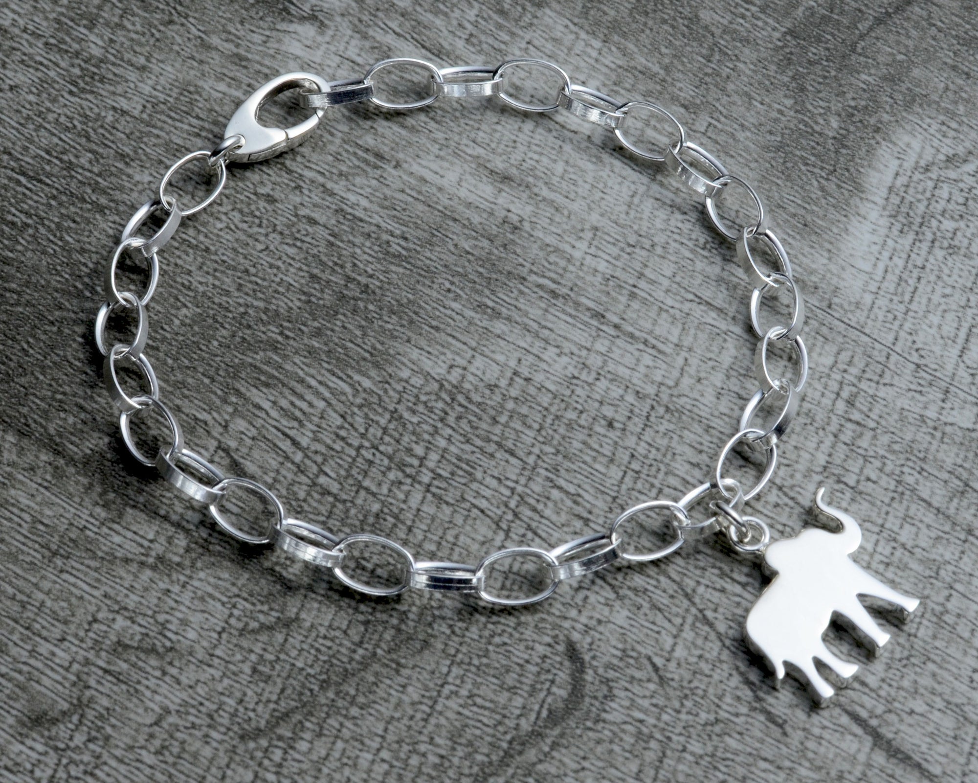 Personalized elephant charm bracelet in sterling silver with clasp