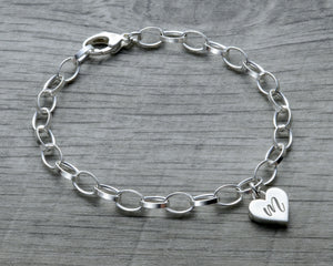 personalized heart charm bracelet in sterling silver with lobster clasp