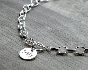 Chunky sterling silver choker necklace with name tag and toggle closure