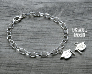 personalized graduation charm bracelet in sterling silver with lobster clasp