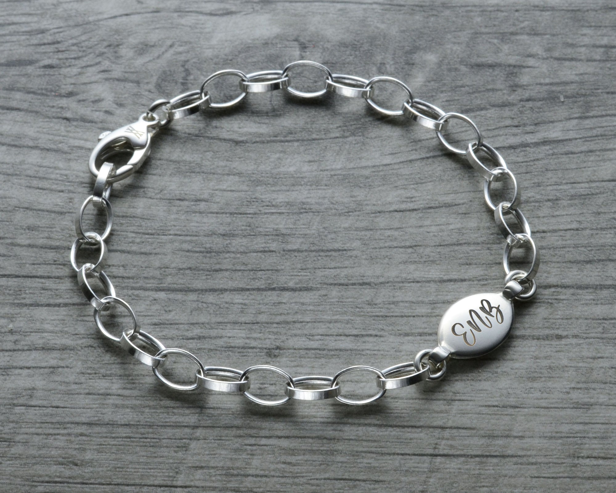 personalized initial charm bracelet in sterling silver with lobster clasp