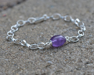Purple amethyst gemstone charm bracelet in sterling silver