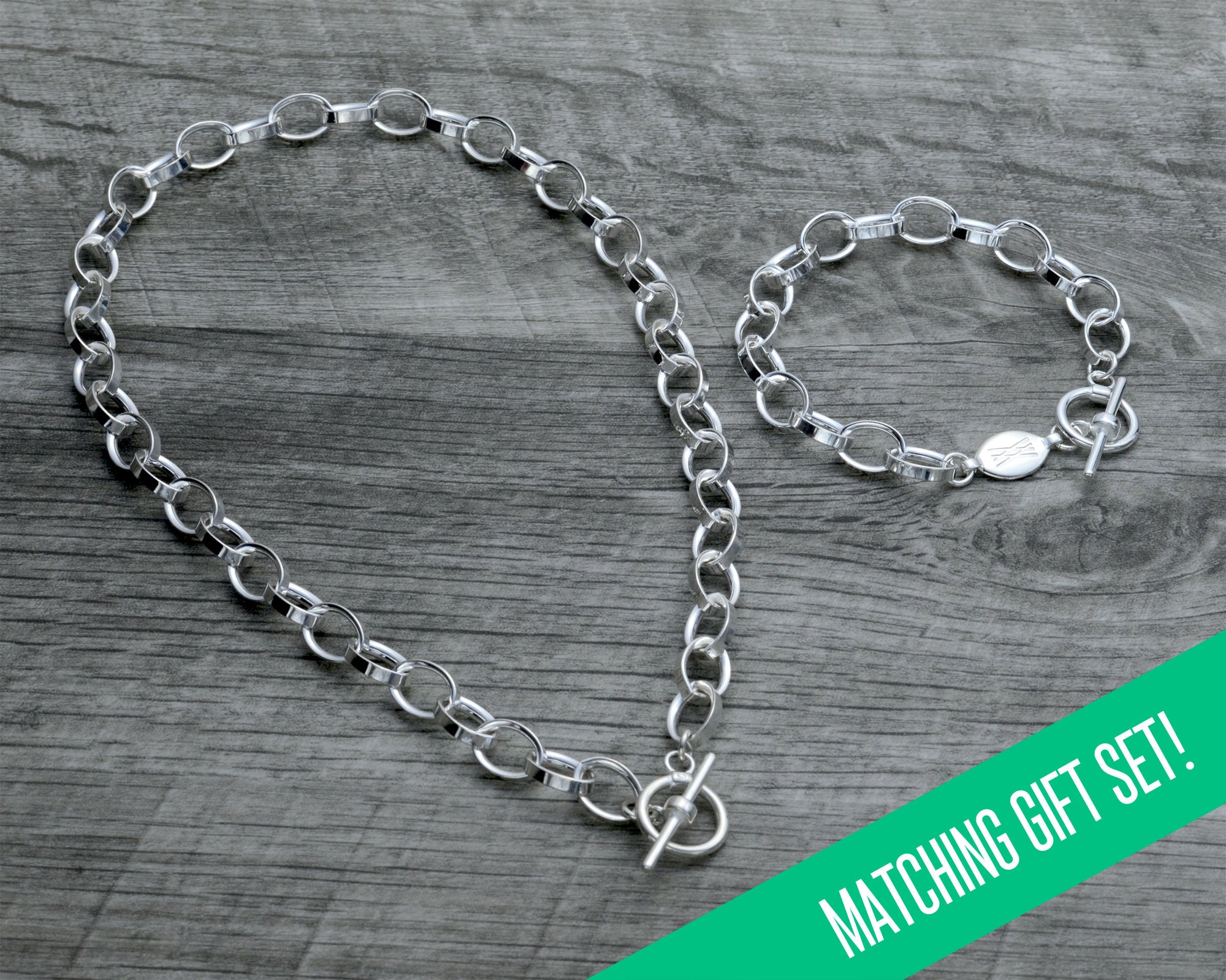 Chunky choker necklace and charm bracelet gift set in sterling silver